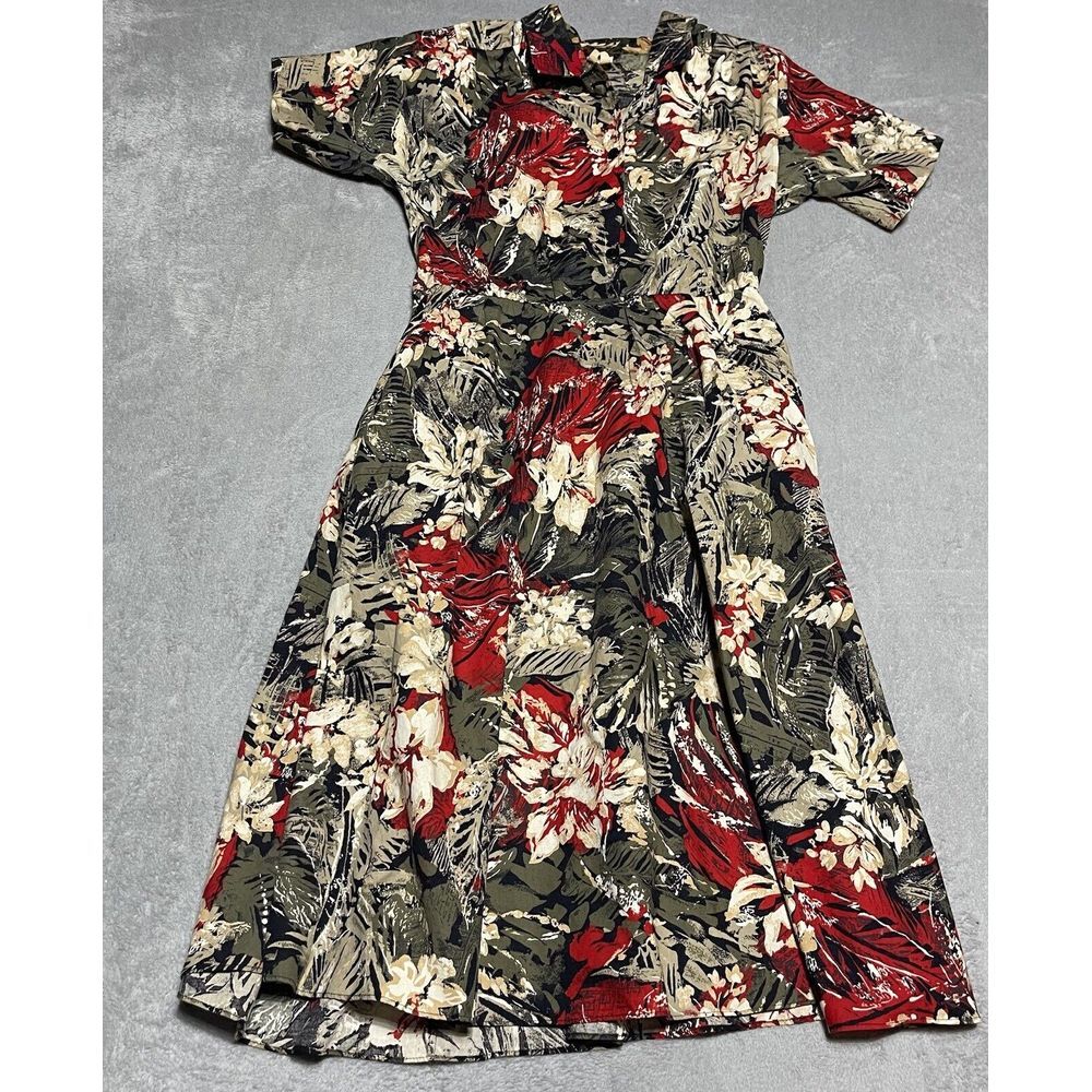 Vintage Stuart Alan Dress Womens 12 Green Red‎ Floral Short Sleeve Button Hawaii